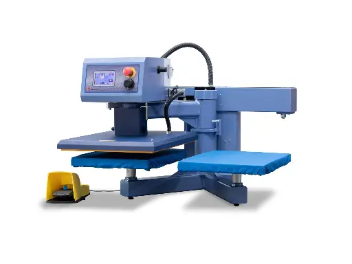 [TS 5PA] TRANSMATIC - Pressa a caldo a funzionamento pneumatico con doppio piano di lavoro e piatto riscaldante mobile a pantografo con spostamento dei piatti automatico tramite pedale - TS 5PA